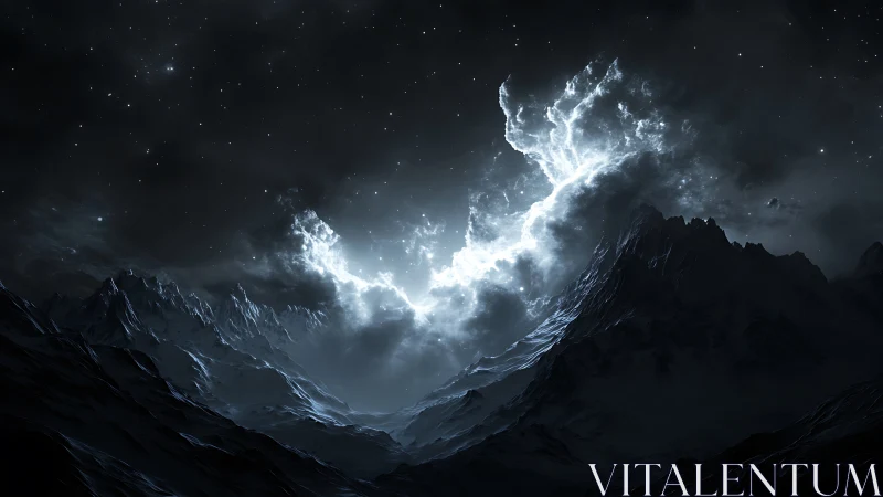 Celestial storm igniting a shadowed alpine nightscape.