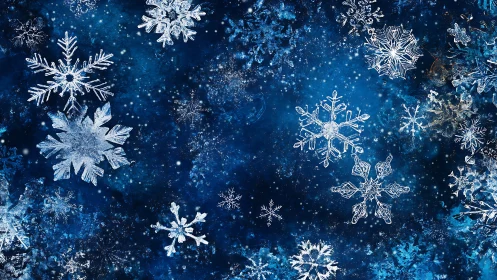 Intricate crystalline snowflakes over deep textured winter sky.