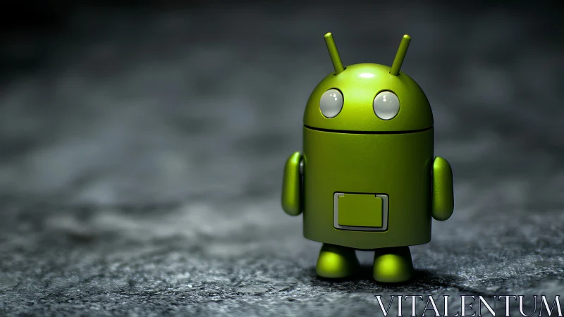 Green robot figurine stands on textured, dimly lit surface