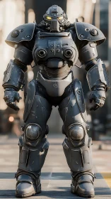 Heavily armored humanoid combat exosuit on urban pavement.