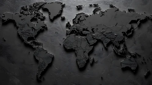 Monochrome raised relief world map on dark textured wall.