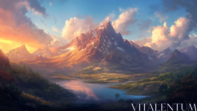 Sunlit mountain peaks rise above a tranquil alpine lake.