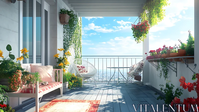 Sunlit city balcony garden with cozy seating and blooms.