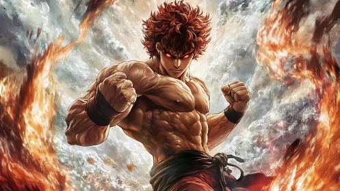 Fiery anime warrior unleashes power within swirling flames.