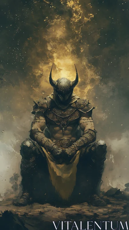 Brooding horned warlord crowned by molten stormlight.
