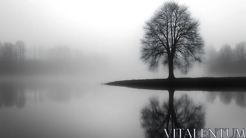 Solitary lakeside tree reflects through dense morning fog.