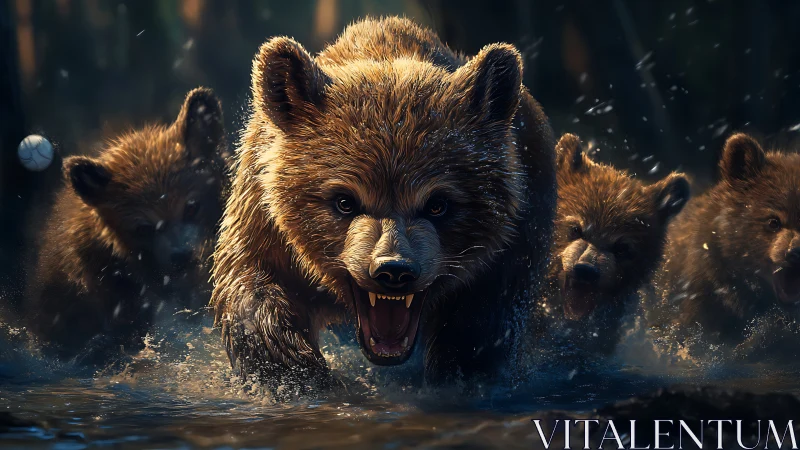 Charging grizzly bears in cinematic low key river splash scene.