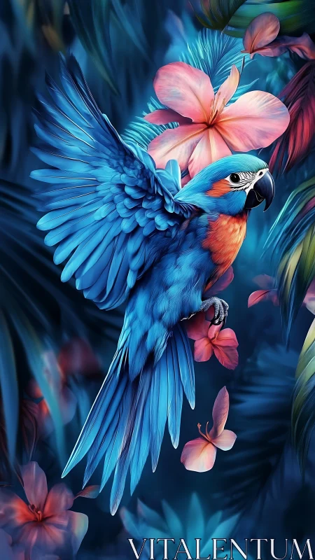 Tropical sapphire macaw soaring through neon jungle blooms.