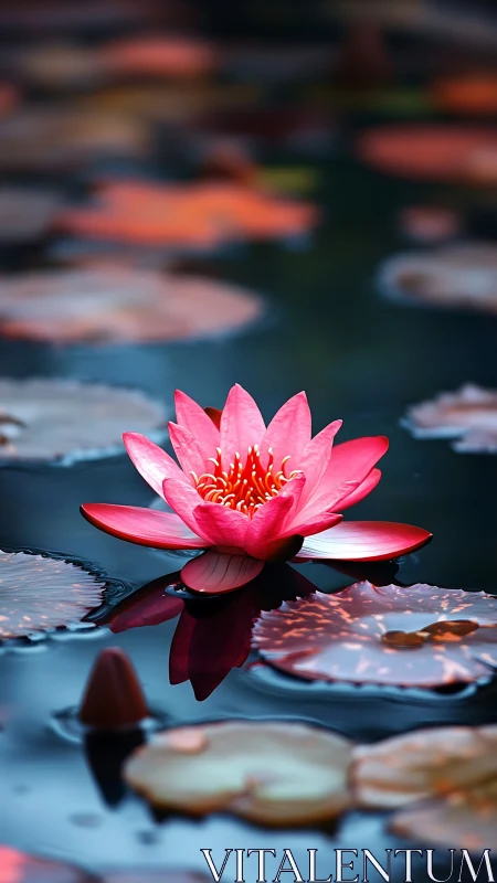 Pink water lily glows softly above reflective pond surface.