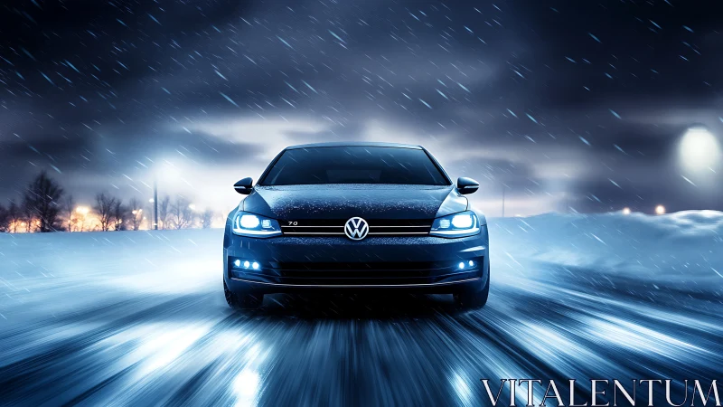 Confident black car gliding through a glowing winter storm.