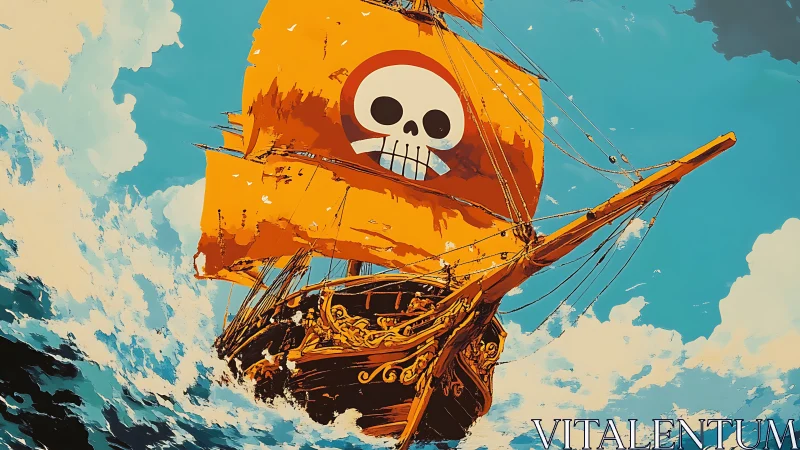 Bold pirate ship with bright skull sail rides lively seas