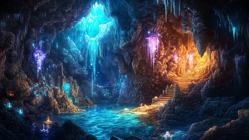Glowing crystal cavern with luminous pool and stone steps.