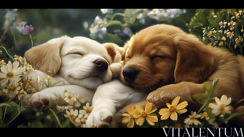 Golden Moments: Two Puppies Resting in a Bloom Garden.