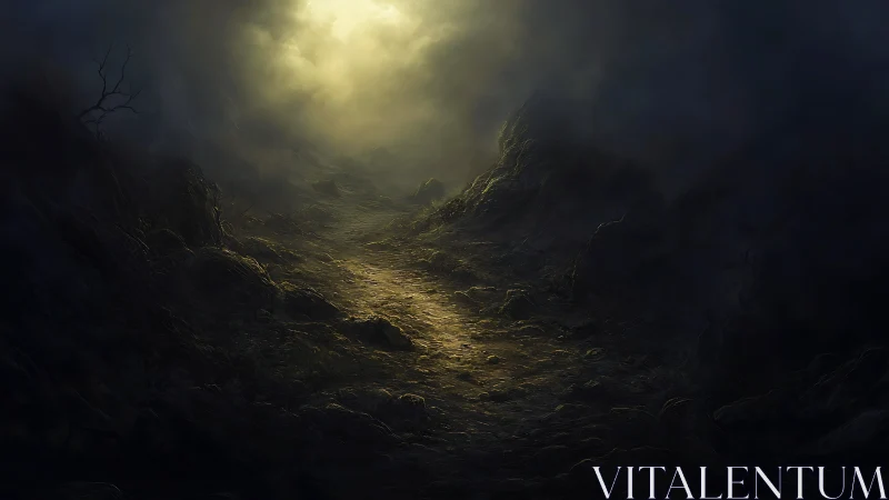 Lone ember path climbing toward a stormlit, haunted sky.