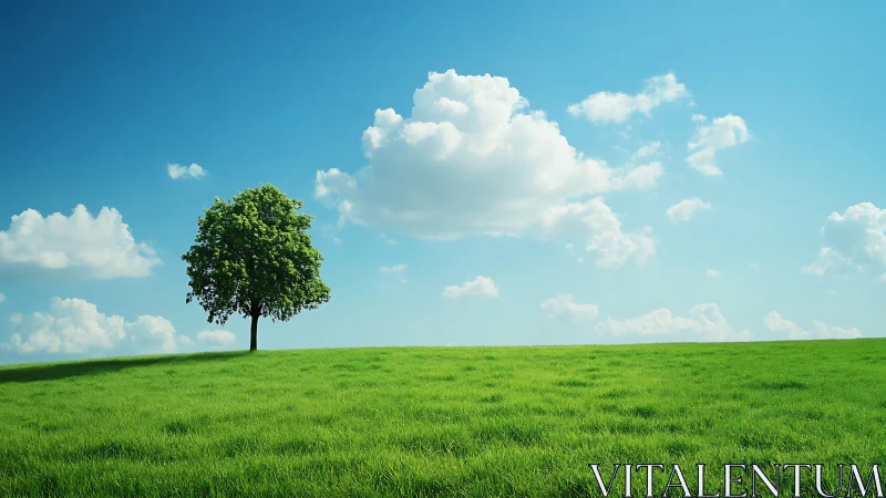 Lone tree on green field under blue sky, minimalist landscape.
