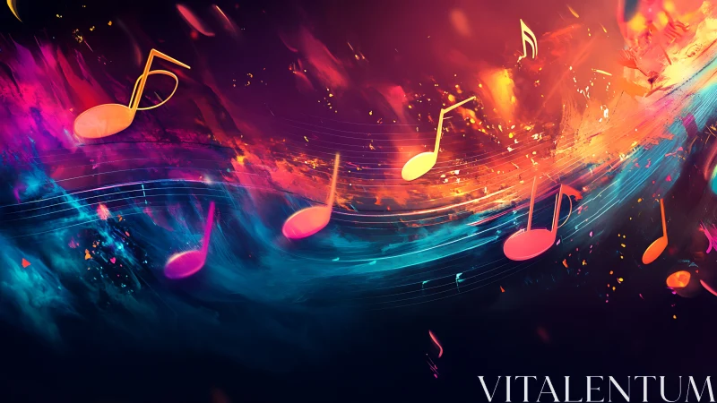 Color gradients intersect with floating music note symbols