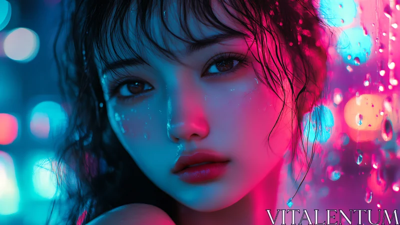 Neon rainlit gaze where city lights meet quiet dreams.