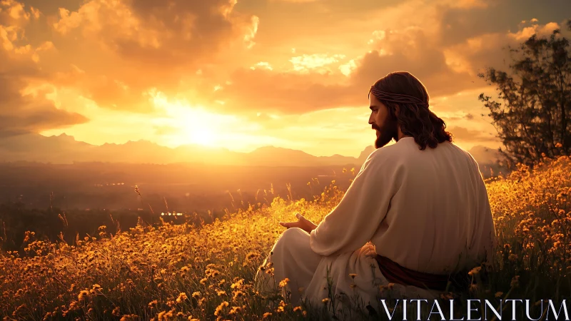 Solitary robed figure prays in golden meadow at sunset