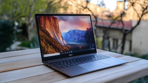 Sleek laptop gazing at a sunset mountain desktop dreamscape.