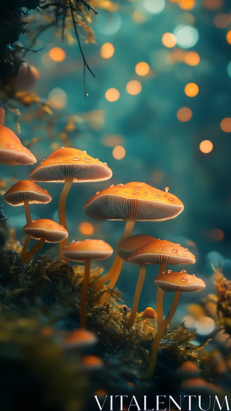 Digital painting of luminescent forest mushrooms in bokeh field.