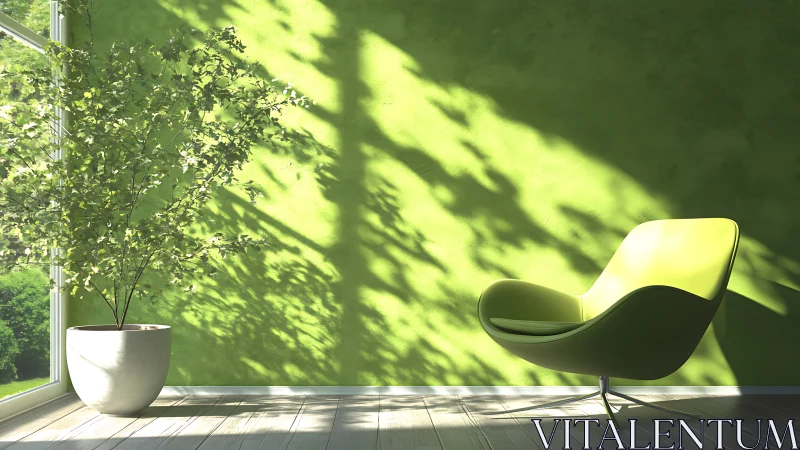Sunlit green chair lounges beside dancing indoor tree shadows