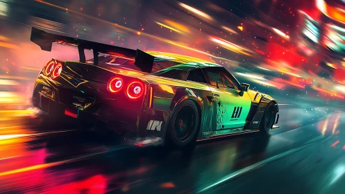 Neon night racer slicing through liquid light and speed.