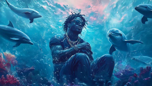 Chill crowned drifter meditates with dolphins in electric seas