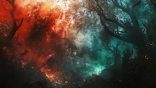 Dual-Realm Forest: Luminous Contrast Between Fire and Frost Atmospheres