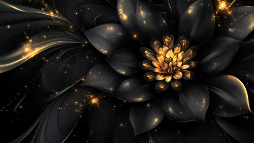 Midnight obsidian bloom ignites with molten golden starlight.