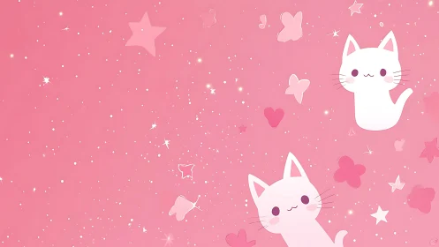 Whimsical White Cats Against Starlit Pink Background with Enchanted Elements