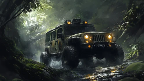 Off-road utility vehicle traverses wet forest trail