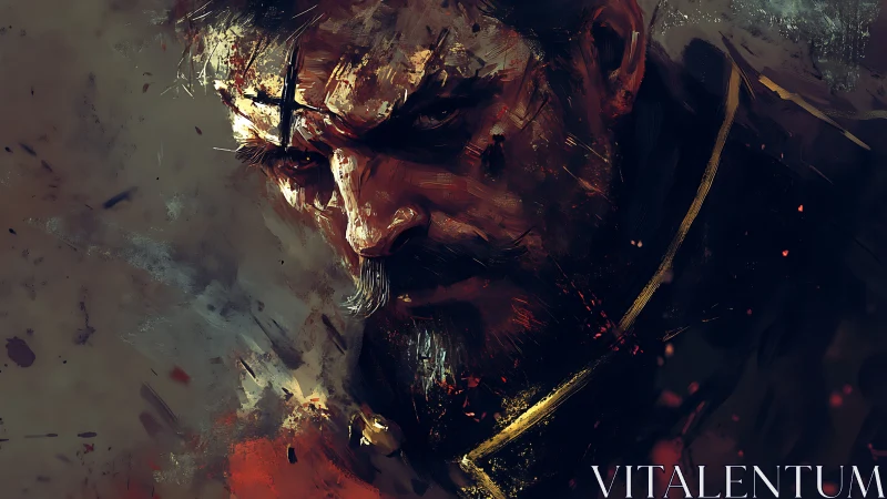 Battle-worn warrior portrait in dark painterly strokes.