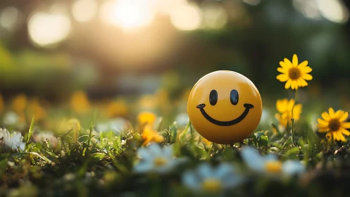 Yellow smiley ball on grass with sunlit wildflowers.
