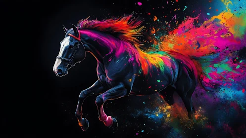 Galloping neon horse erupts through radiant color bursts.