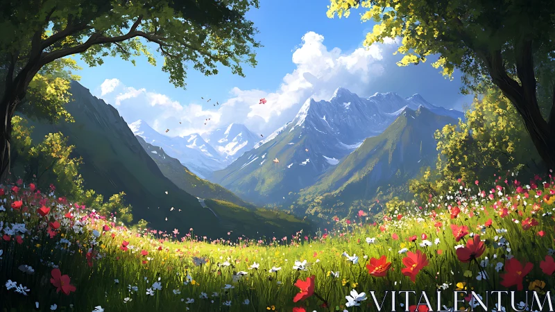 Sunlit alpine meadow opens toward distant snowy peaks.