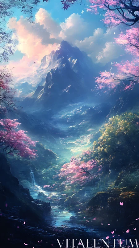 Mystic alpine valley glows under soft dawn light