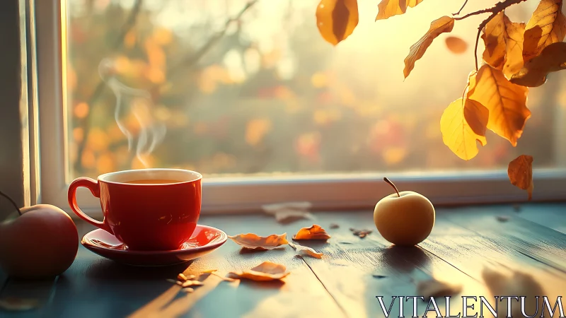 Steaming red teacup by window with glowing autumn leaves.