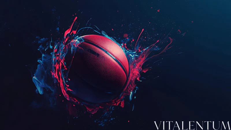 Basketball floats in dark space surrounded by liquid paint