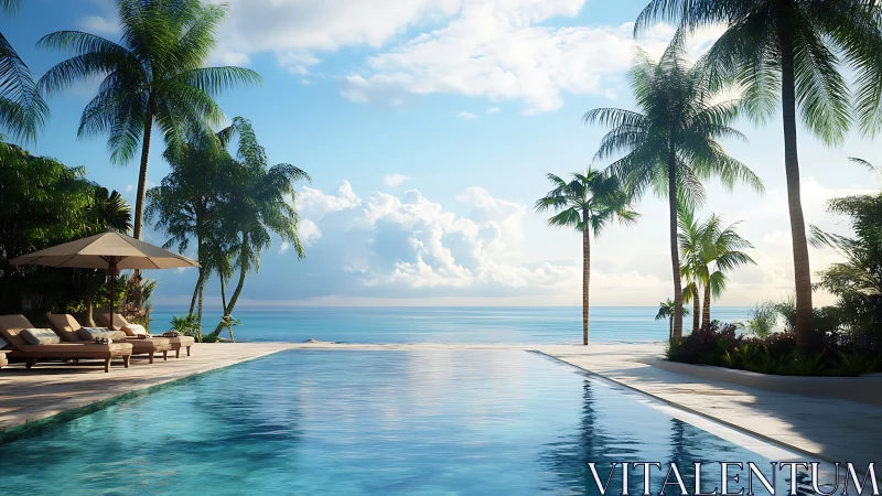 Photorealistic infinity pool with tropical beachfront vista.