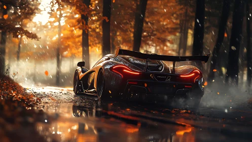 Supercar cuts through misty autumn forest road at speed.