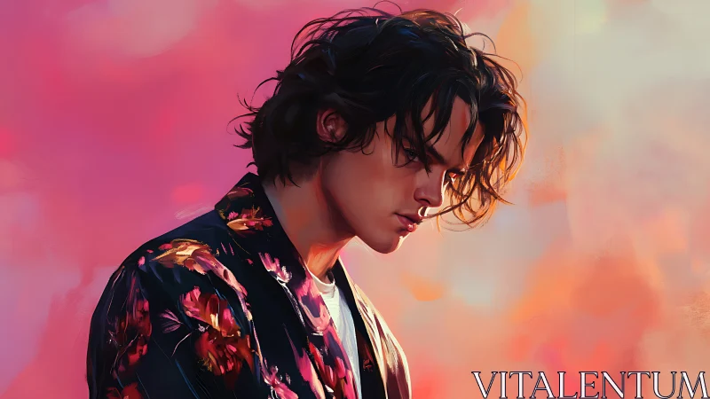 Melancholic young man in floral jacket against diffuse sunset field