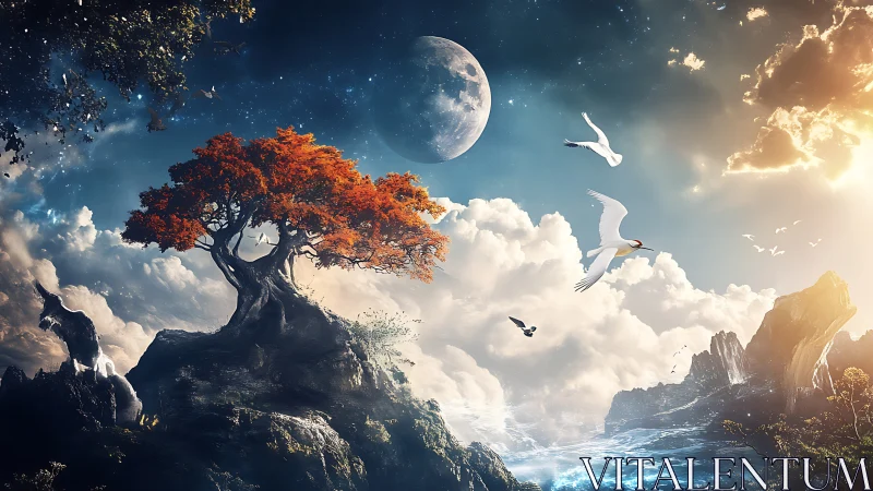 Celestial landscape unites crimson tree, moonlit clouds, and seabirds