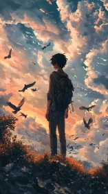 Backlit wanderer under stratocumulus skyfield with circling birds.