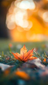 Lone maple leaf glowing in dreamy autumn bokeh field.
