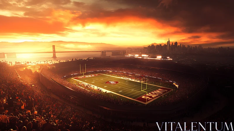 Sunset football stadium glowing beside a golden bay skyline.