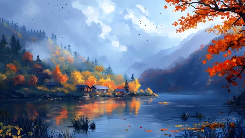 Mountain lake village reflects bright autumn forest in water