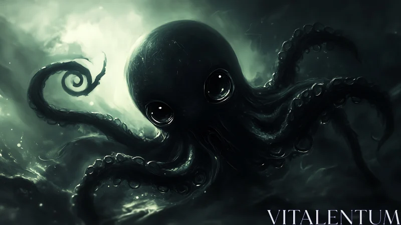 Giant octopus form emerging in dark, misty ocean scene.