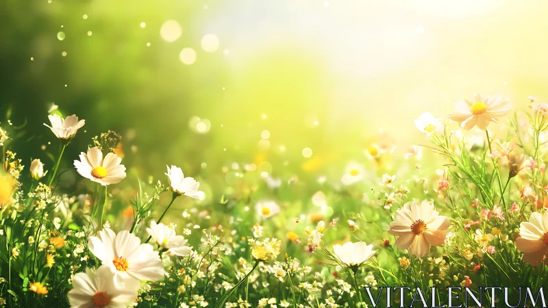 Sunlit wildflower meadow glows softly in gentle morning light
