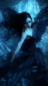 Submerged dark-haired woman in flowing dress amid luminous blue water