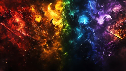 Elemental warriors in chromatic nebulae, radial digital painting.